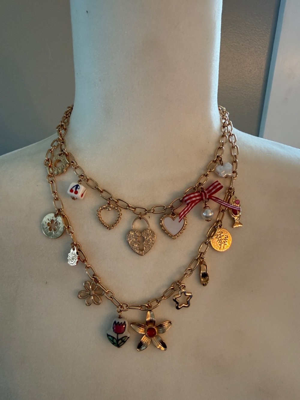 Gold-Tone Floral & Heart Charm Layered Necklace - Pink Accents